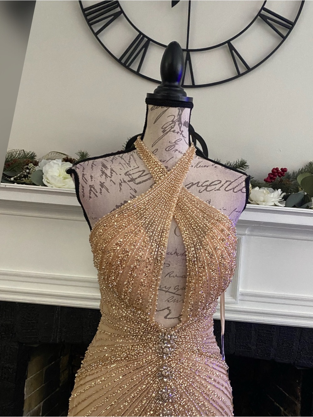 NWT halter beaded champagne formal dress, prom dress, gala, pageant evening gown - Picture 4 of 6